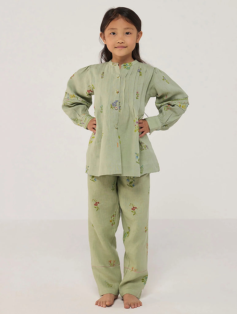 Akavi Pleated Floral Linen Shirt - Mint