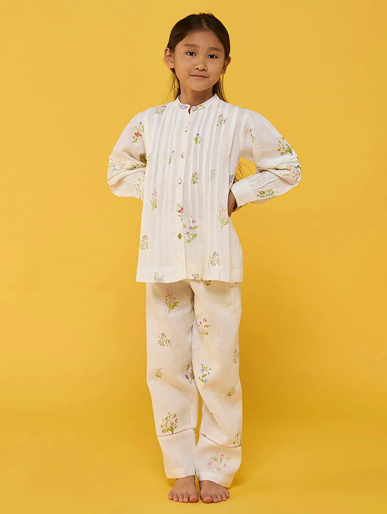 Akavi Pleated Floral Linen Co-ord Set - White