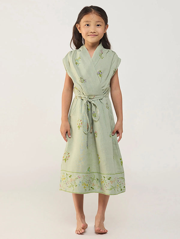 Mema Shawl Printed Collar Linen Dress - Mint