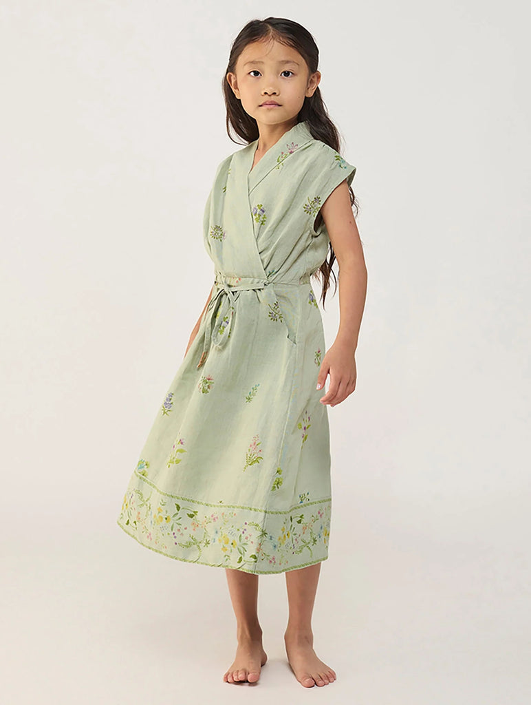 Mema Shawl Printed Collar Linen Dress - Mint