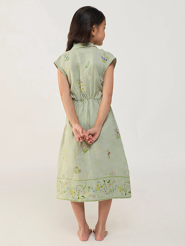 Mema Shawl Printed Collar Linen Dress - Mint