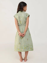 Mema Shawl Printed Collar Linen Dress - Mint