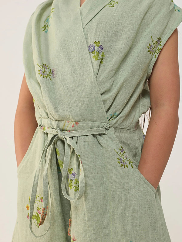 Mema Shawl Printed Collar Linen Dress - Mint