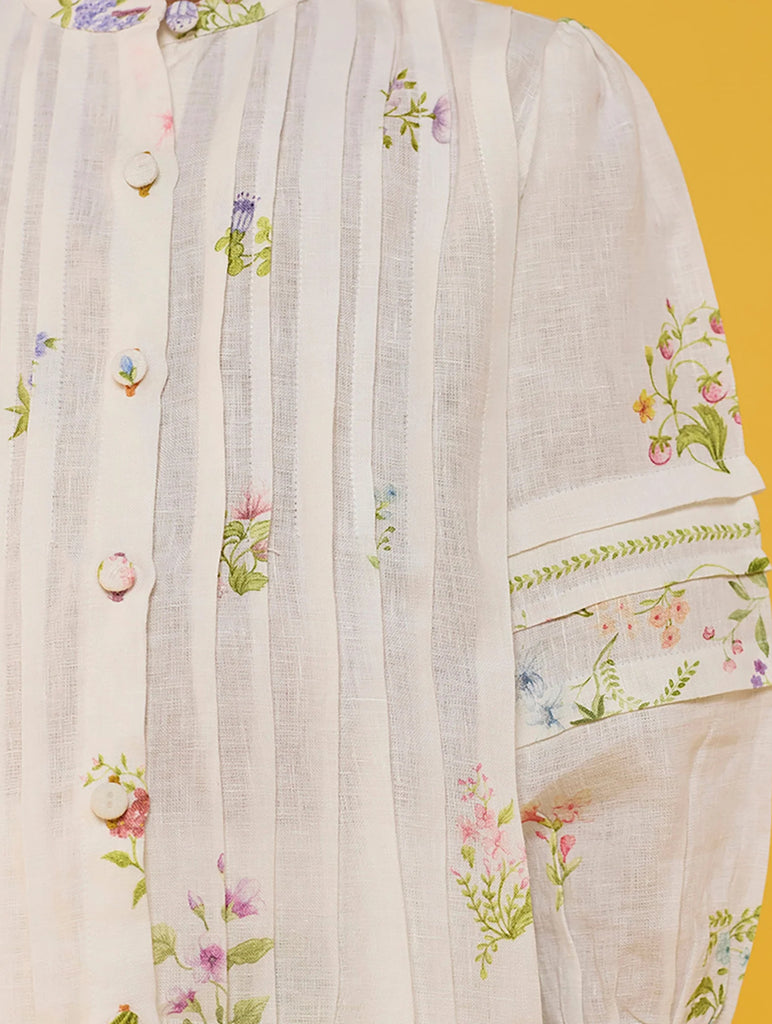 Akavi Pleated Floral Linen Shirt - White