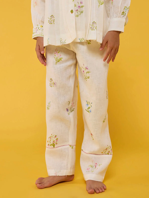 Akavi Pleated Floral Linen Co-ord Set - White
