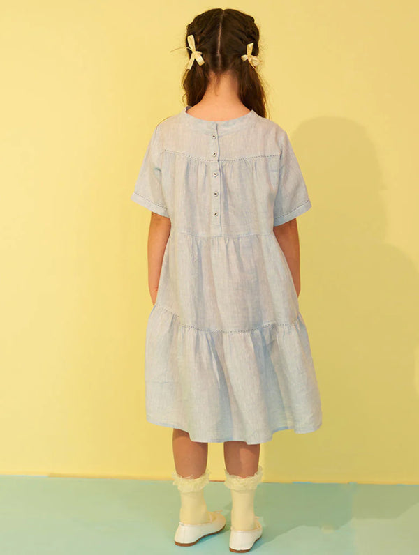 Tessa Embroidered Linen Dress - Sky