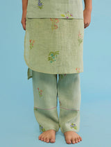 Aneya Patchwork Floral Linen Kurta Set - Mint