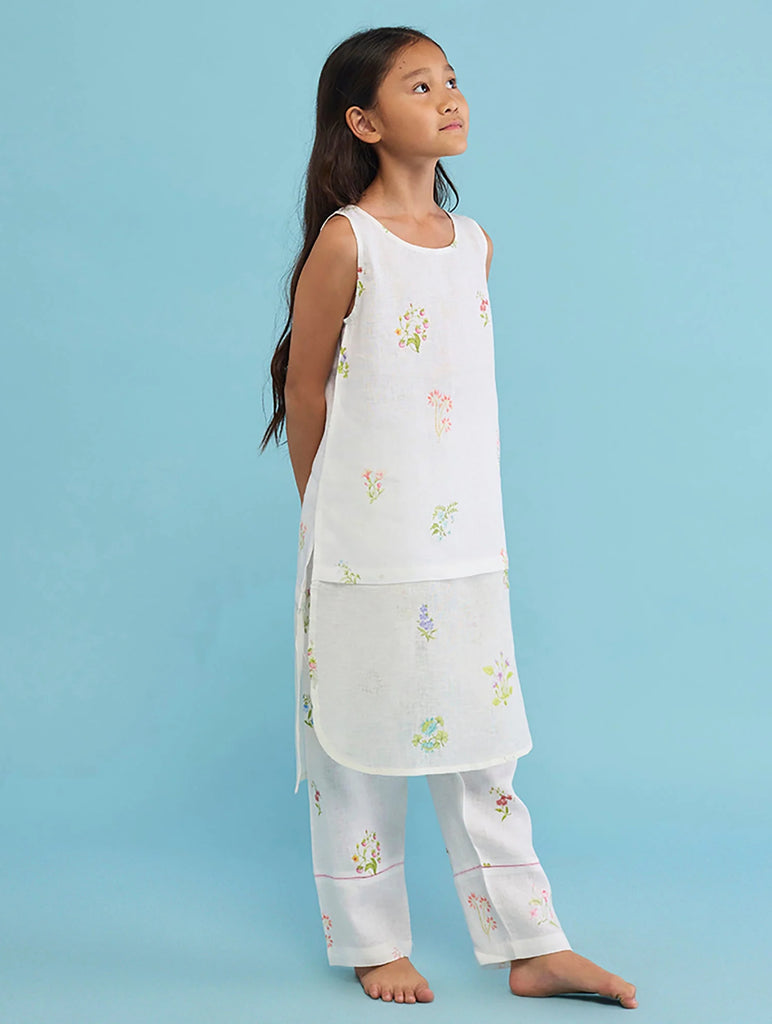 Aneya Patchwork Floral Linen Kurta Set - White