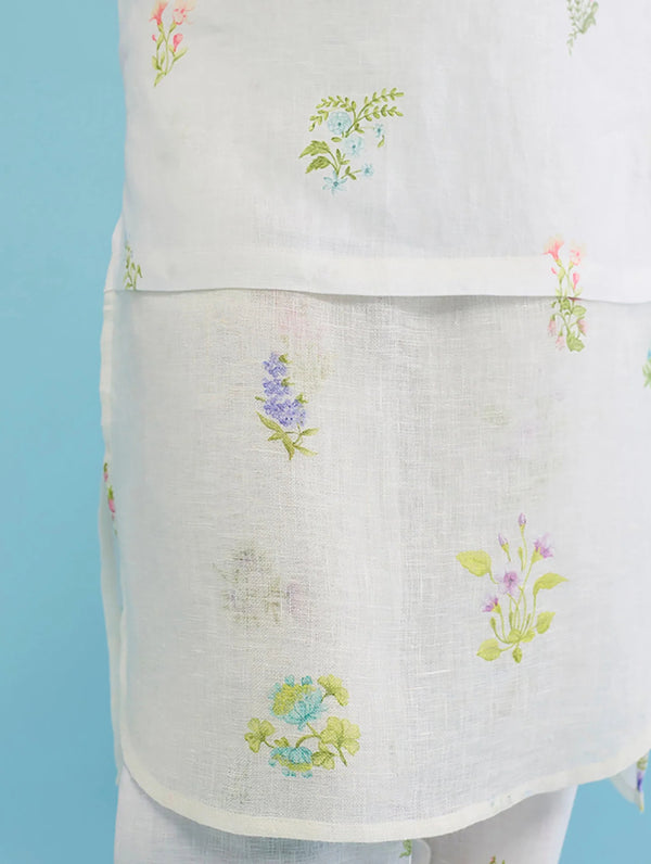 Aneya Patchwork Floral Linen Kurta - White