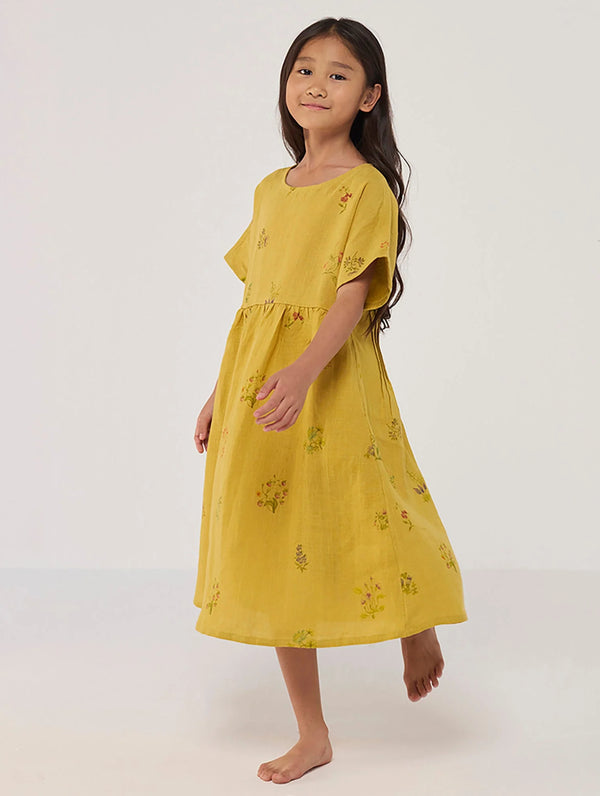 Rasa Floral Printed  Linen Dress - Ochre