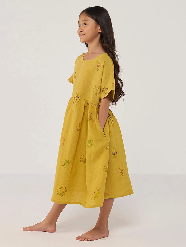 Rasa Floral Printed  Linen Dress - Ochre