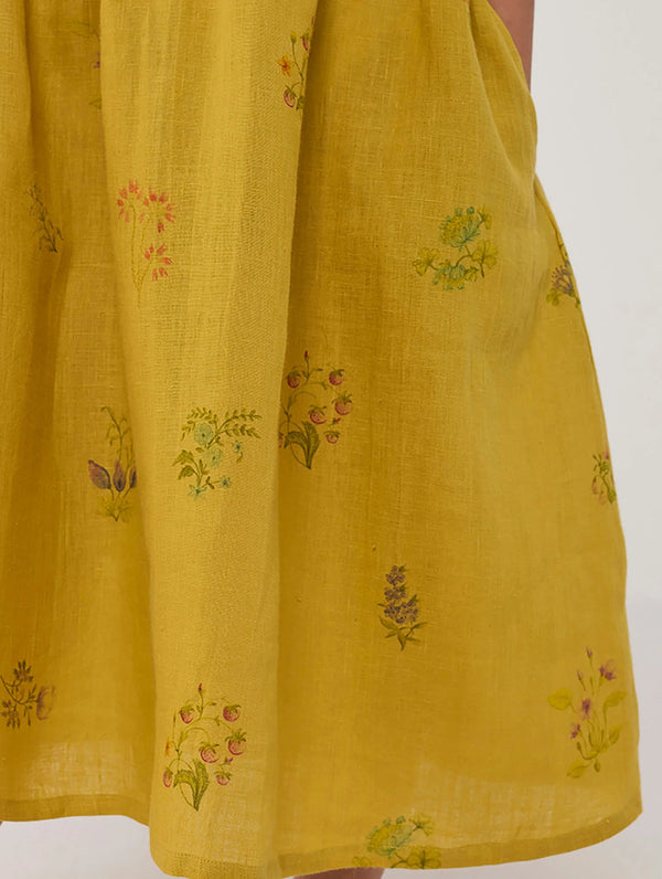 Rasa Floral Printed  Linen Dress - Ochre
