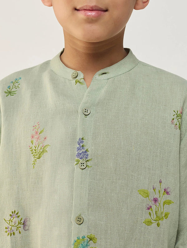 Akio Floral Linen Shirt - Mint