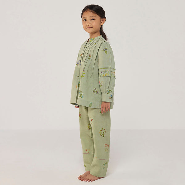 Akavi Pleated Floral Linen Co-ord Set - Mint
