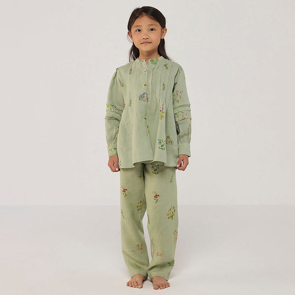 Akavi Pleated Floral Linen Co-ord Set - Mint