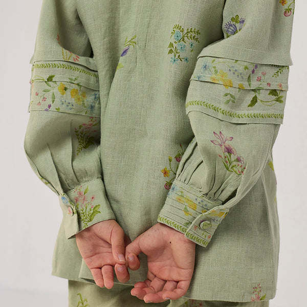Akavi Pleated Floral Linen Co-ord Set - Mint