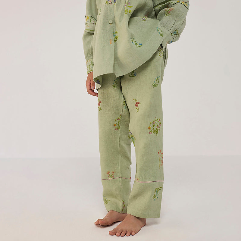 Akavi Pleated Floral Linen Co-ord Set - Mint