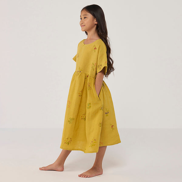 Rasa Floral Printed  Linen Dress - Ochre