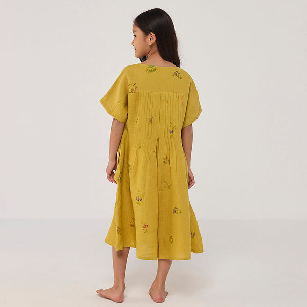 Rasa Floral Printed  Linen Dress - Ochre