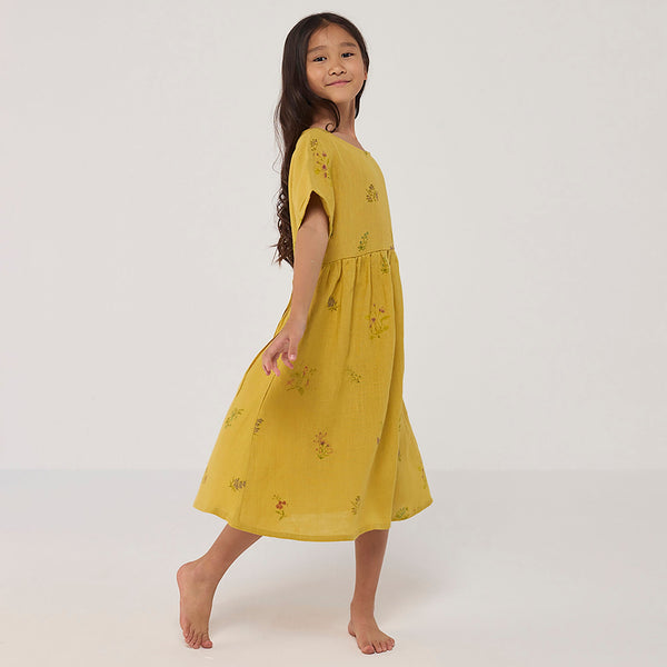 Rasa Floral Printed  Linen Dress - Ochre