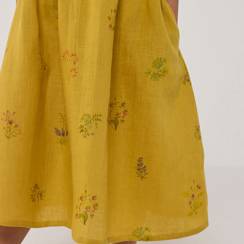Rasa Floral Printed  Linen Dress - Ochre