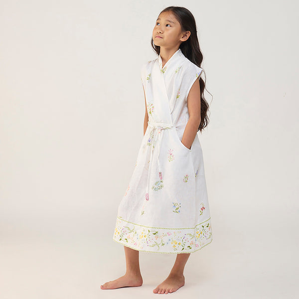 Mema Shawl Printed Collar Linen Dress - White