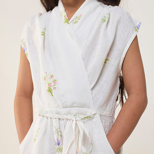 Mema Shawl Printed Collar Linen Dress - White