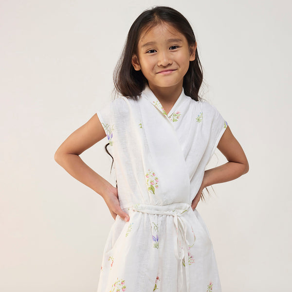 Mema Shawl Printed Collar Linen Dress - White