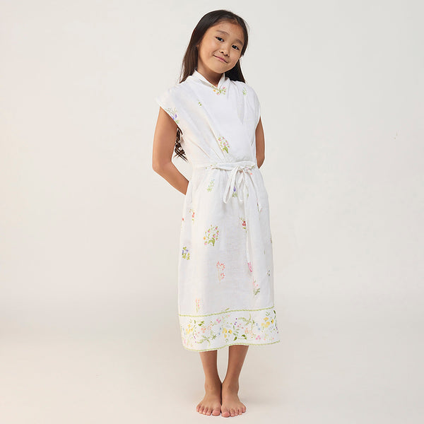 Mema Shawl Printed Collar Linen Dress - White