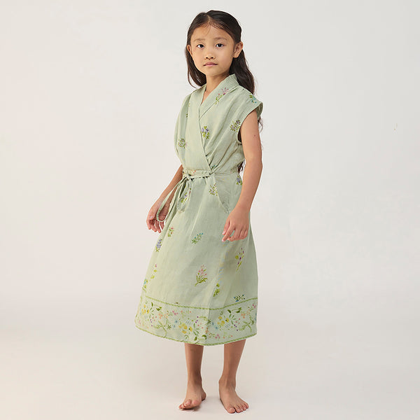Mema Shawl Printed Collar Linen Dress - Mint