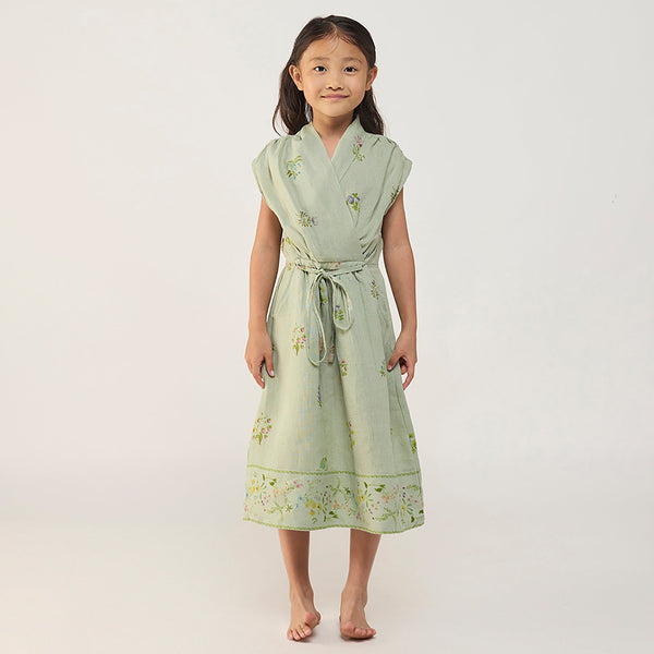 Mema Shawl Printed Collar Linen Dress - Mint