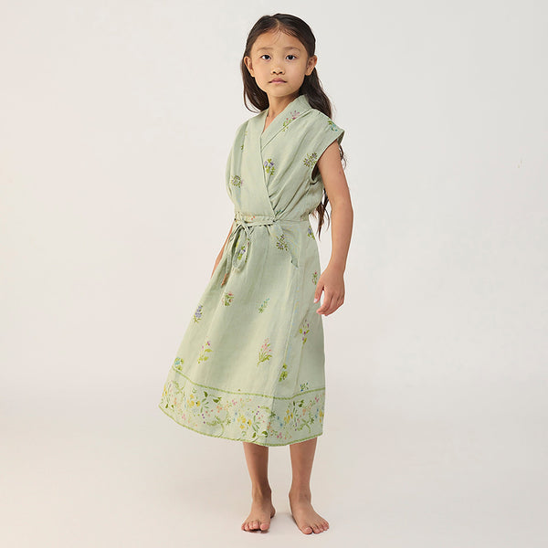 Mema Shawl Printed Collar Linen Dress - Mint