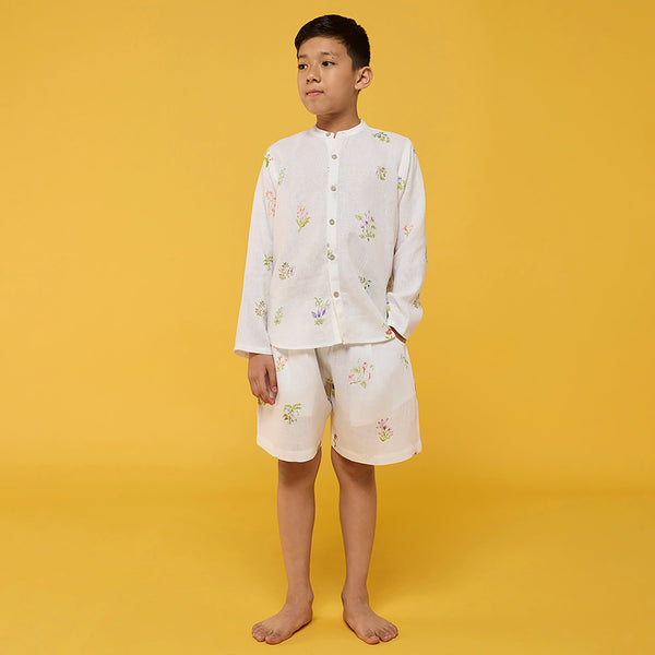Akio Floral Linen Shirt - White