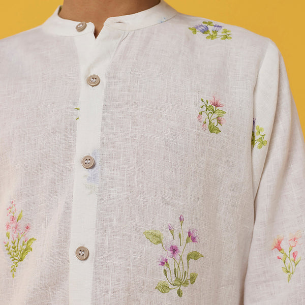 Akio Floral Linen Shirt - White