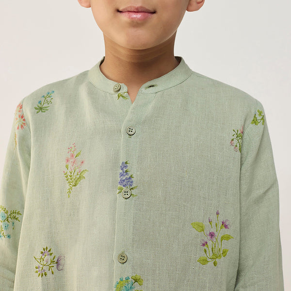 Akio Floral Linen Shirt - Mint