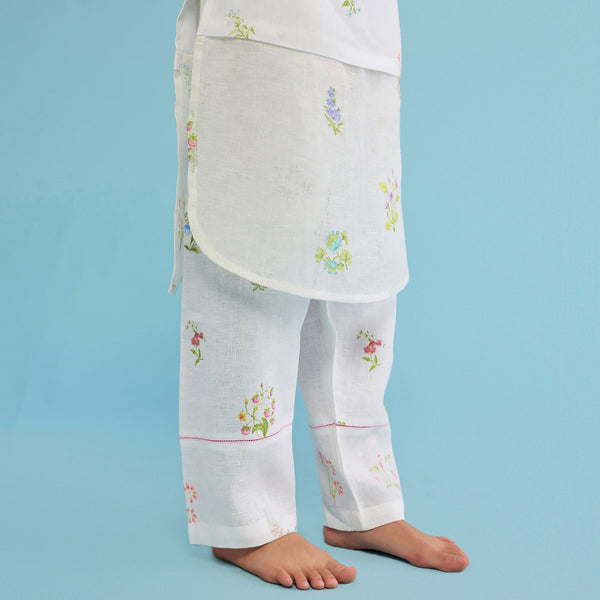 Aneya Patchwork Floral Linen Kurta Set - White
