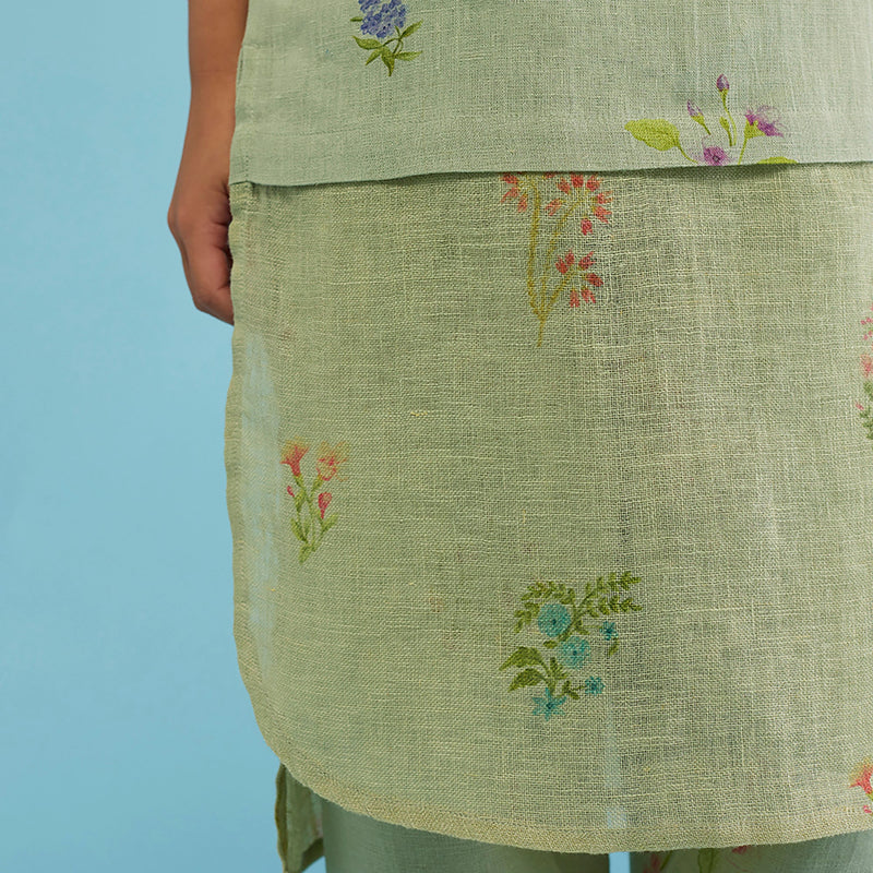 Aneya Patchwork Floral Linen Kurta Set - Mint