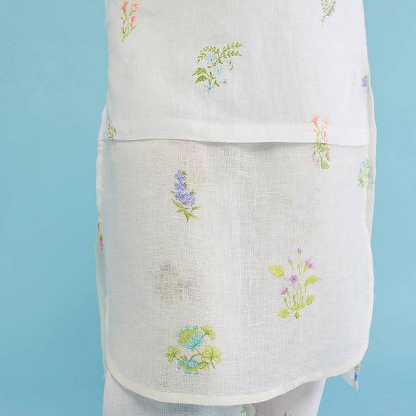 Aneya Patchwork Floral Linen Kurta - White