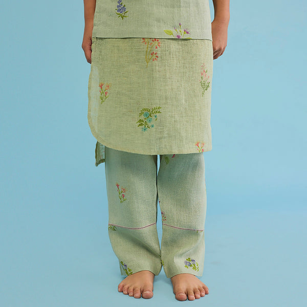 Aneya Patchwork Floral Linen Kurta - Mint