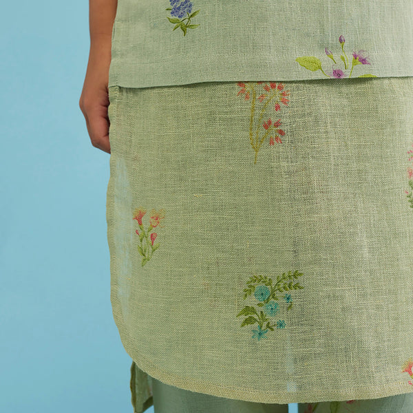 Aneya Patchwork Floral Linen Kurta - Mint