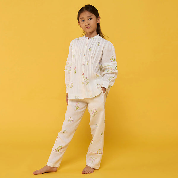 Nama Floral Linen Pant - White