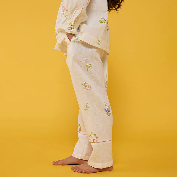 Nama Floral Linen Pant - White