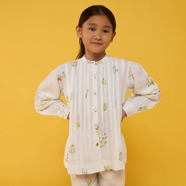 Akavi Pleated Floral Linen Shirt - White