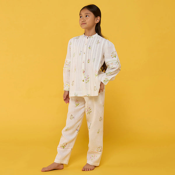 Akavi Pleated Floral Linen Shirt - White