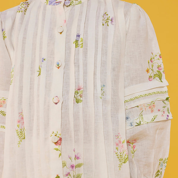 Akavi Pleated Floral Linen Shirt - White