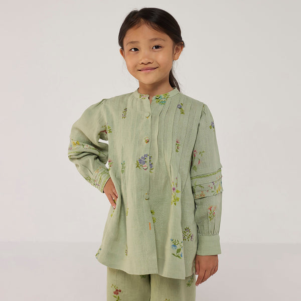 Akavi Pleated Floral Linen Shirt - Mint