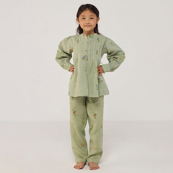 Akavi Pleated Floral Linen Shirt - Mint