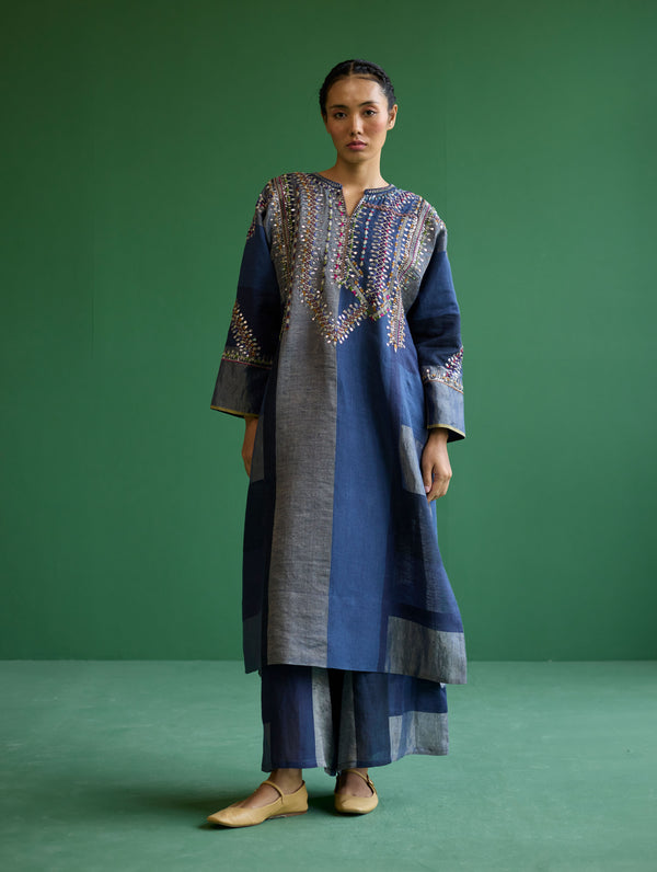 Rida Hand-Embroidered Metallic Linen Kurta - Navy