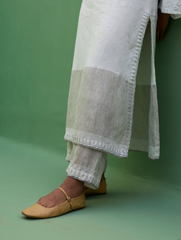 Susie Gotapatti Linen Kurta - Metallic Ivory