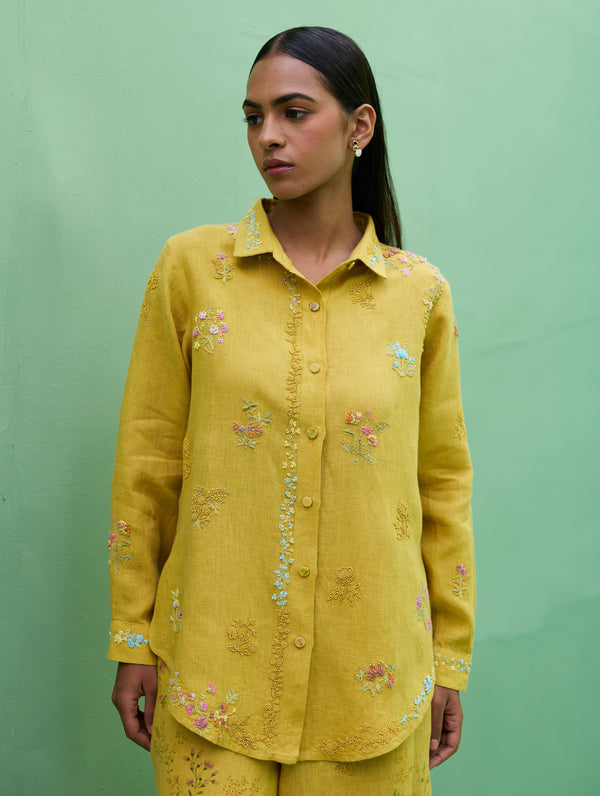 Alila Hand-Embroidered Linen Shirt -  Ochre